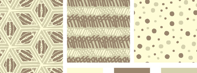 Cream Taupe Stars Lines Dots Three Color Trio, Vector Seamless Repeating Pattern Tile Set