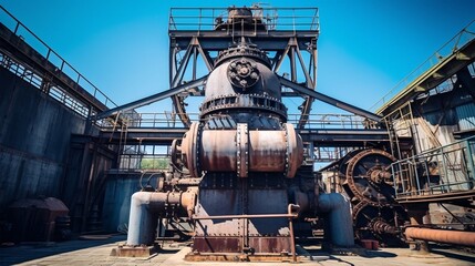 Rustic factory equipment standing tall against a clear blue sky, representing the power of industry and manufacturing. Generative ai.