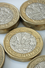 Used &pound;1 (One Pound Sterling) UK Coins in Close Up.