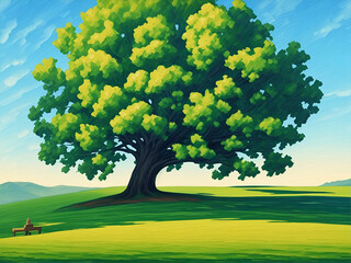 Lonely tree on a green lawn. AI generated illustration