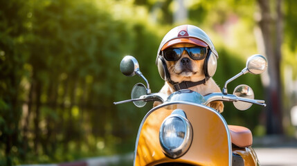 Fototapeta na wymiar cute dog character driving scooter wearing sunglasses and helmet