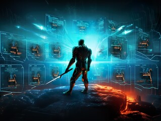 The image presents a visualization of a cyber battlefield, where defenders and attackers clash in a virtual landscape. 