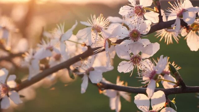 Plum tree branch flower at sunset, Prunus