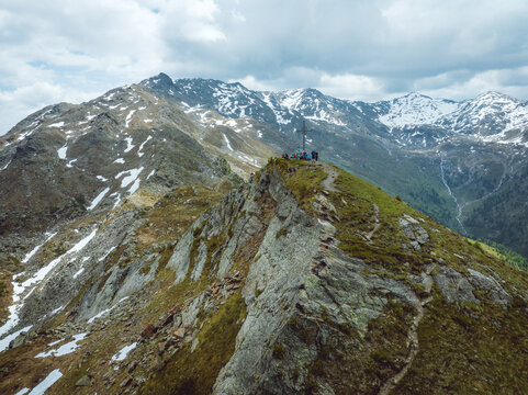 Aerial view of a mountain summit near the City of Innsbruck in the austrian alps in the region of Tyrol, Austria.