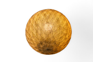 Round ceiling lamp made of fine braided rope in orange-yellow color. Ceiling light interior decoration in white background