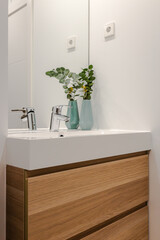Interior decoration of the bathroom with white ceramic washbasin and faucet on a wooden cabinet with drawers and decoration with mirror on the wall and plant