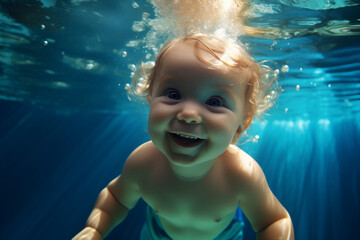 Fototapeta na wymiar Adorable baby swiming underwater. Diving toddler. High quality photo