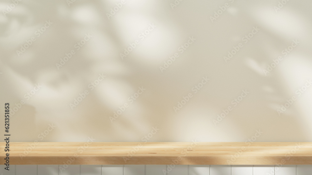 Poster Empty wooden countertop mock up to present product and for text design. background summer mock up with tree and leafs shadows and sunlight from window. cozy wooden table and pastel plaster wall.