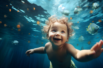 Fototapeta na wymiar Adorable baby swiming underwater. Diving toddler. High quality photo