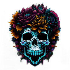 A detailed illustration a Dead Skull with flower hair