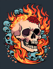 A detailed illustration a Dead Skull with fire 
