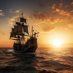Obraz premium Beautiful ancient sailing ship sunset ocean wallpaper AI Generated art