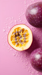 Passion fruit in water splashes. Sliced passion fruit isolated on light purple background with water drops. Vertical illustration of juicy passion fruit half with water splash, fruit banner. AI
