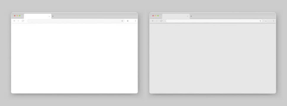 A set of browser window in white and gray on a gray background. Website layout with search bar, toolbar and buttons. Vector illustration.