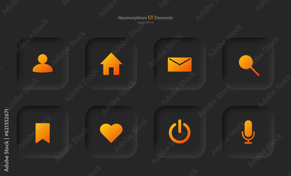 Poster set of buttons for user interface design in black with yellow elements. icons for mobile devices in 