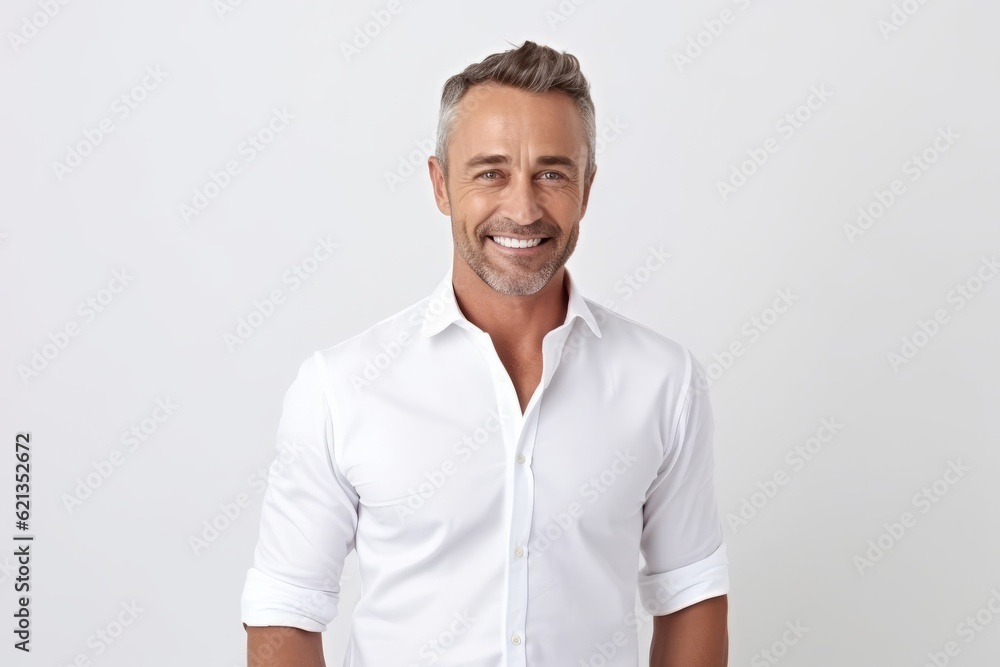 Wall mural Portrait of handsome mature man in white shirt looking at camera and smiling while standing against white background