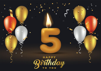 Obraz premium 5th birthday celebration template with balloons and 3d number candle