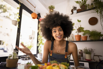 Young African American hipster woman with Afro hair looking at webcam talking to camera with friend online sitting at kitchen table making video call, virtual chat, headshot portrait. Generative AI