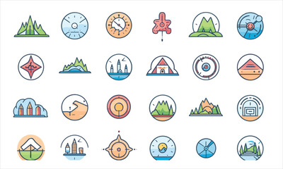 Navigation line icons set. Road trip path, trail, home marker, journey, compass, globe, country, geography, tourism visualization vector illustration. Outline signs of location. Editable Stroke