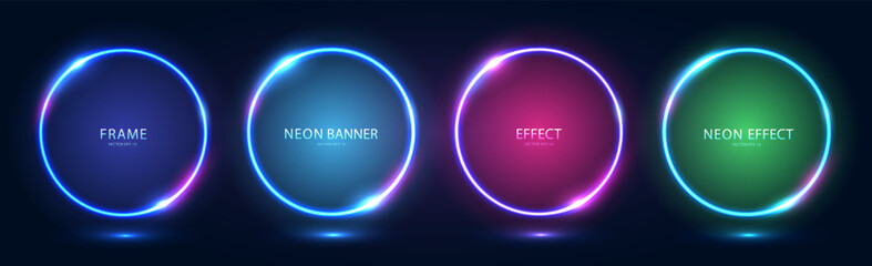 Neon frames with shining effects, highlights on a dark background. A set of round futuristic modern neon glowing banners. Vector illustration.