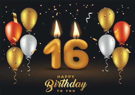 16th birthday celebration template with balloons and 3d number candle