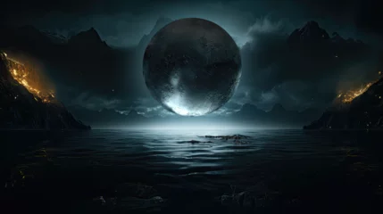 Deurstickers Volle maan en bomen Black Ominous Orb over the Sea