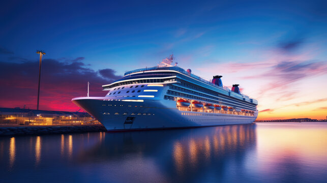 A large, white cruise ship stands near the pier at sunset, side view. Summer vacation, travel, adventure, hot tour.