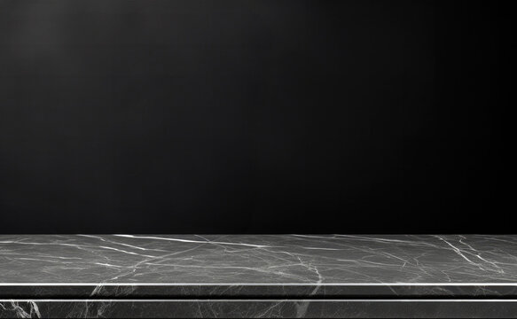 Empty table marble black countertop on black wall background. High quality photo © oksa_studio