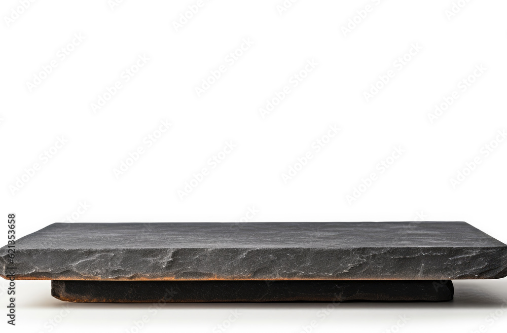 Poster empty top of black stone shelf isolated on white background. for product display high quality photo
