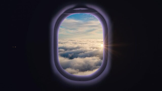 Airplane Window Seat with Epic Cloudscape Sunset. Plane Flights Over Fluffy Clouds. Passenger window panorama view. 