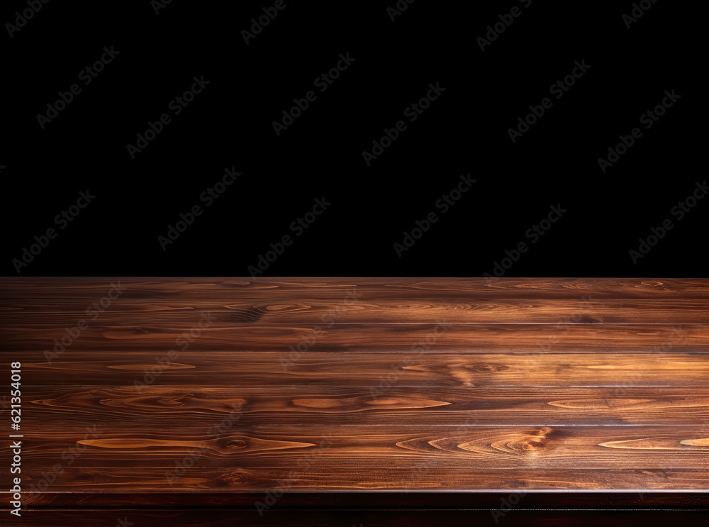 Poster wooden table top isolated on black background. empty space for product display high quality photo