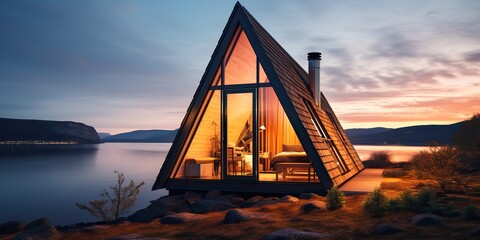 AI Generated. AI Generative. Scandinavian triangular aframe house hotel apartment. Nature outdoor vacation relax adventures vibe. Graphic Art