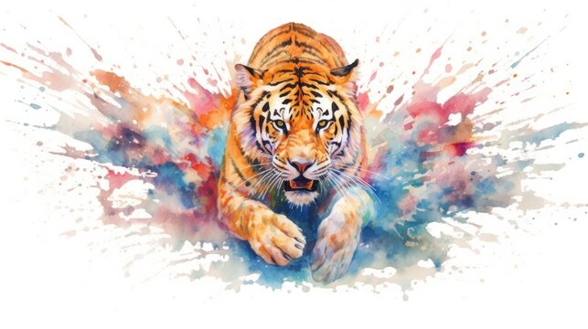 fluidity and unpredictability of watercolors by creating a dynamic and energetic tiger print. bold brushstrokes and splashes of color to depict the tiger movement and power