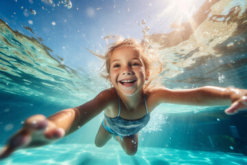 Happy kid swimming underwater and having fun. Happy childhood and summer vacation. High quality photo