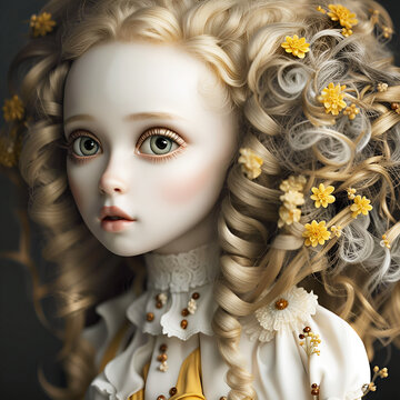 Funny doll illustration with big eyes and blonde hair withyellow flowers