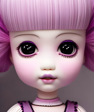 Cute doll illustration with big eyes and pink hair