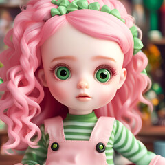 Obraz na płótnie Canvas Cute doll illustration with big eyes and pink hair