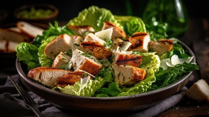 Caesar salad with grilled chicken and parmesan cheese on wooden background