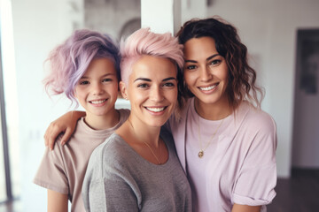 Two beautiful  women in casual clothes are hugging their growing daughter in the apartment. concept of lgbt families. lesbian marriages and adoptions, homosexuals are lesbian couples. Generative AI