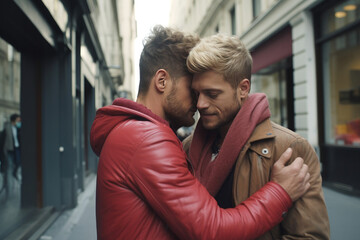 Portrait of a happy young lgbt male couple hugging on a proud street. Generative AI