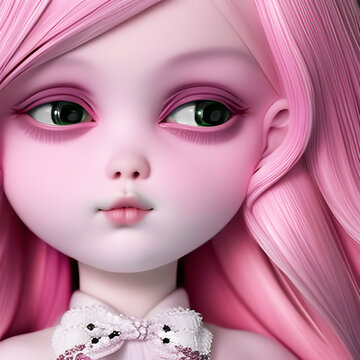 Cute doll illustration with big eyes and pink hair