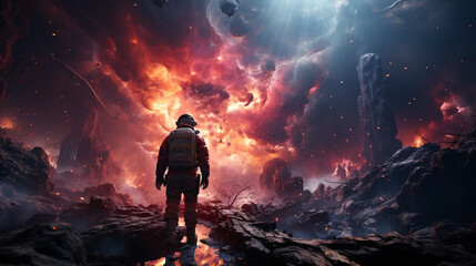 Illustration of man in space suit inside softly glowing pink and blue galactic cloud. Peaceful galaxy astronaut. Retrowave.