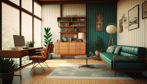 Mid Century modern living room interior design AI Generated image