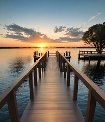 Obraz premium Wooden plank walkway leading to a beautiful sunset on the lake. Generative AI