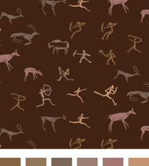 Ancient Cave Painting People and Animals Print, Vector Seamless Repeating Pattern Tile