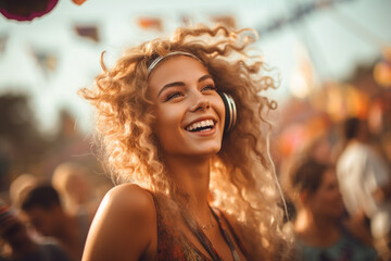 Portrait of a happy young blonde woman having fun on a music festival. High quality photo