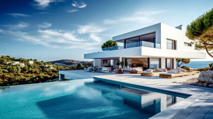 Fototapeta premium House Villa with Pool in Mediterranean Style in the South of Europe Wallpaper Background Brainstorming Generative AI Digital Art Illustration