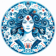 Striking Virgo zodiac sign in minimalist circle; rendered in vibrant pixel style, isolated on pure white background. Generative AI