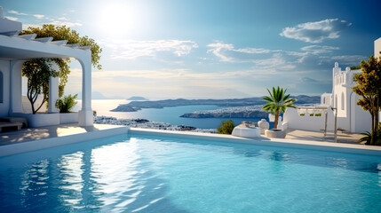 Fototapeta premium House Villa with Pool in Mediterranean Style in the South of Europe Wallpaper Background Brainstorming Generative AI Digital Art Illustration