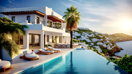 Fototapeta premium House Villa with Pool in Mediterranean Style in the South of Europe Wallpaper Background Brainstorming Generative AI Digital Art Illustration